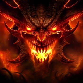 Artistic depiction of a fierce red demon with glaring eyes and large horns