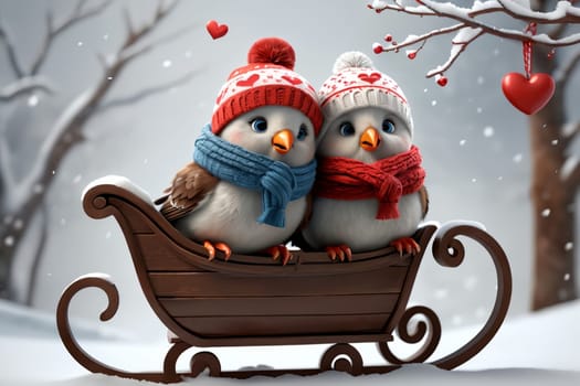 Birds in love in a hat and scarf in winter walk on the street .