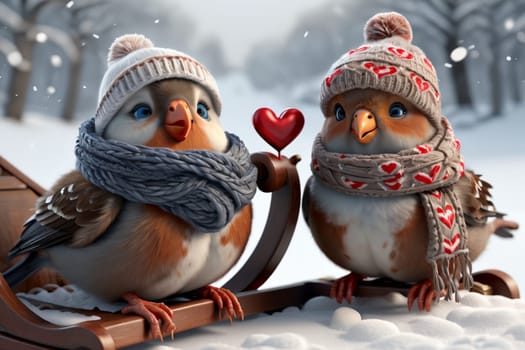 Birds in love in a hat and scarf in winter walk on the street .