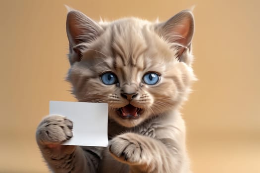 cute kitten with a pure form for text, isolated on a light brown background .