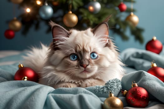 Beautiful young kitten Ragdoll lies in bed against the background of the New Year tree .