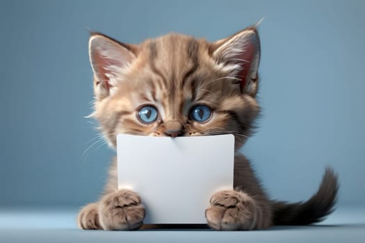cute kitten with a pure form for text, isolated on a light blue background .