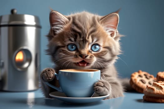 Beautiful young kitten with a cup of hot coffee .