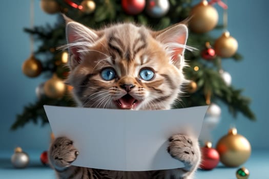 cute kitten with a pure form for text, isolated on a light blue background .