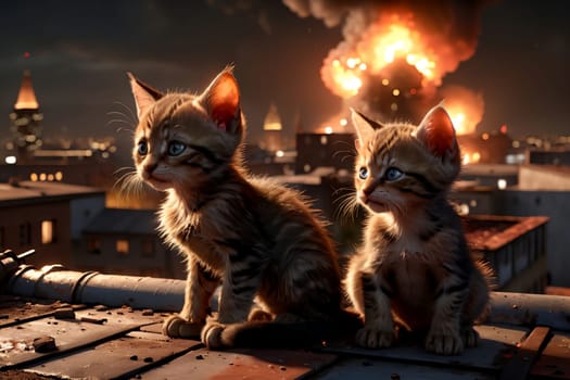 Two cats are sitting on the roof and looking at the burning city, there is a war .