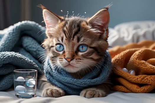 A sick cat lies in bed with pills and a glass of water .