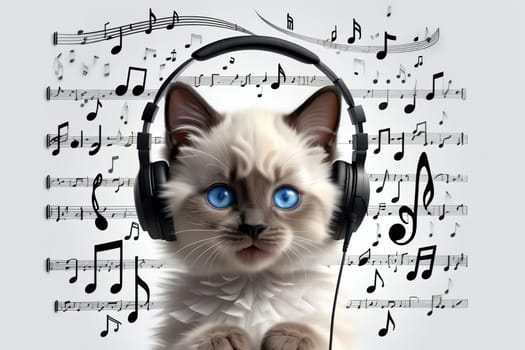 cute cat wearing headphones listening to music .