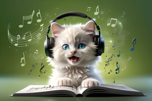 cute cat wearing headphones listening to music .