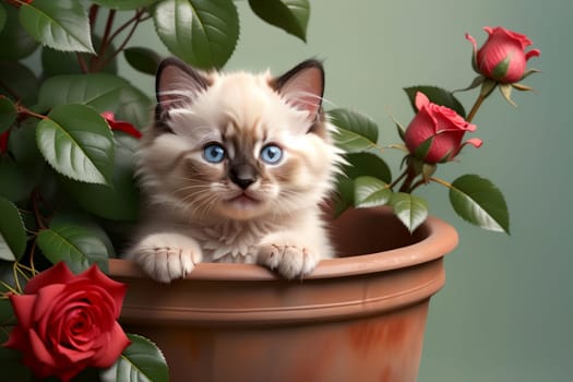 beautiful Ragdoll kitten sitting in a pot of roses .