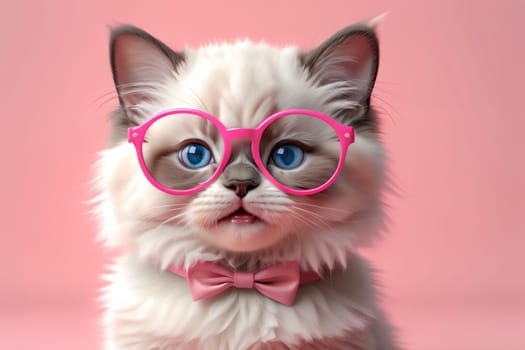 cute Ragdoll kitten wearing pink glasses, isolated on a pink background .
