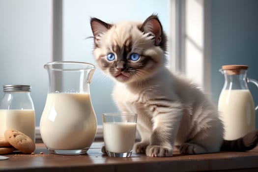 cute Ragdoll kitten and fresh milk in a glass, isolated on a blue background .