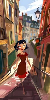 A cartoon girl in a stylish red dress is strolling down a charming narrow street lined with colorful buildings and trees, reminiscent of a whimsical painting