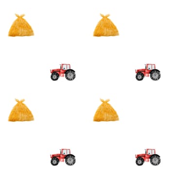 Tractor watercolor seamless pattern. Drawing of a red toy car and a haystack on a white background. Illustration of an agricultural machine. For children's textiles, bed linen, diapers, diapers for boys