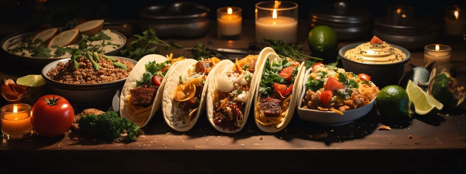 Mexican Taco: delicious mexican tacos with meat and vegetables on wooden table