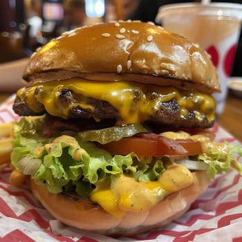 Juicy double cheeseburger with lettuce, tomato, and special sauce