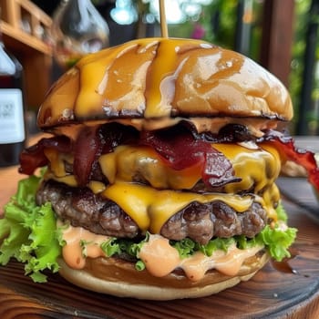 Juicy double cheeseburger with lettuce, tomato, and special sauce