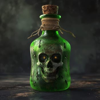 Macabre green glass bottle shaped like a skull with a cork