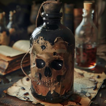 Artistic brown skull-shaped potion bottle on a vintage backdrop