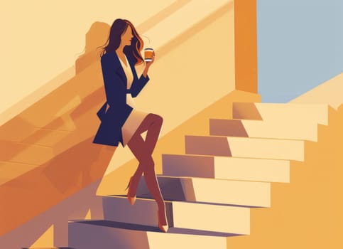 Contemporary illustration of a woman sitting on stairs with coffee