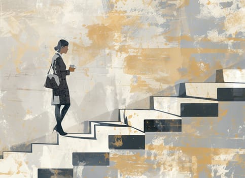 Vintage-style illustration of a woman with coffee ascending stairs