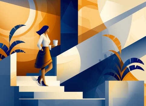 Stylized illustration of a woman ascending stairs with a coffee cup