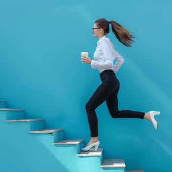 Professional woman in business attire ascending steps with coffee, symbolizing progress