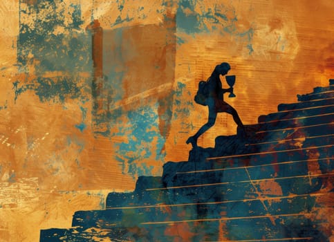 Textured grunge illustration of a silhouette running up stairs with a cup