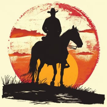 Cowboy on horseback, silhouetted against a vibrant dawn sky