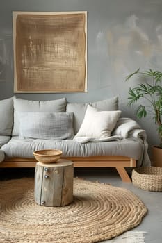 A comfortable living room with a couch, wood table, rectangular rug, and painting on the wall. The flooring is covered with a cozy rug and a houseplant adds a touch of greenery