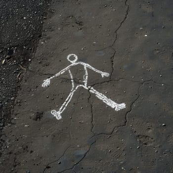 Chalk drawing of a human body outline on a worn urban pavement, crime scene concept