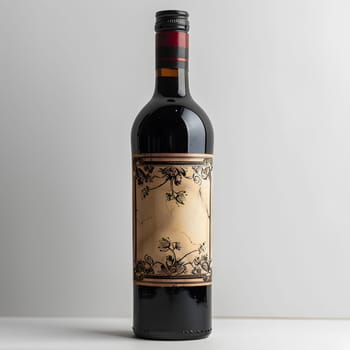 A glass bottle of red wine with a floral label is an elegant drinkware containing a liquid made from fermented grapes. It is a popular alcoholic beverage known for its rich flavor and aroma