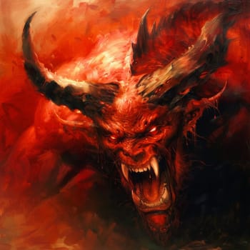 Artistic depiction of a fierce red demon with glaring eyes and large horns