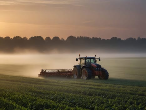 Agricultural machinery: modern tractor spraying crops in misty field at early morning.