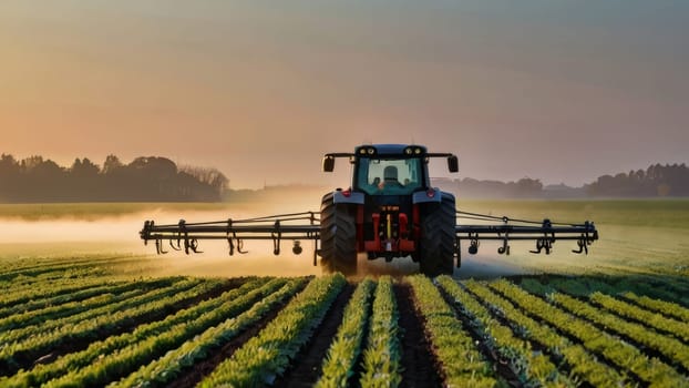A modern tractor equipped with spray booms is seen in a misty field during the early morning. The tractor is spraying crops, creating a picturesque agricultural scene