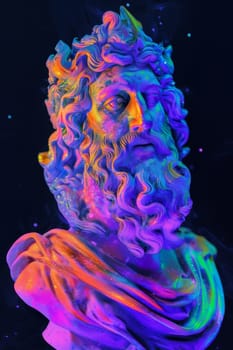 Greek sculpture bathed in cosmic neon lights, creating a surreal effect