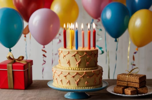 Birthday Bliss: A festive cake adorned with candles, set in a room decorated with balloons, radiating birthday joy and celebration.