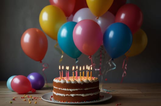 Birthday Bliss: A festive cake adorned with candles, set in a room decorated with balloons, radiating birthday joy and celebration.