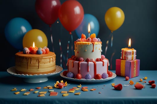 Birthday Bliss: A festive cake adorned with candles, set in a room decorated with balloons, radiating birthday joy and celebration.