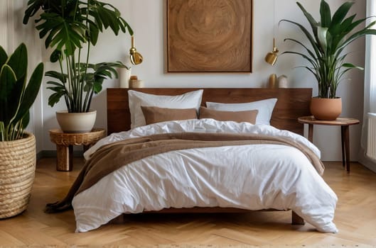 Cozy nook in a home garden, bedroom in white and wooden hues. Featuring bed, wooden floor, and a variety of plants. Interior design in urban jungle style. Biophilia concept