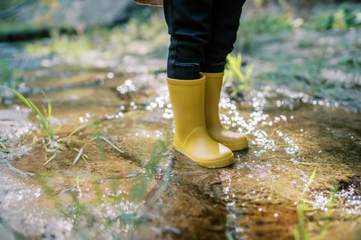 Feet of a small child in yellow rubber boots stand in a stream sparkling in the sun. Cropped. Faceless. High quality photo