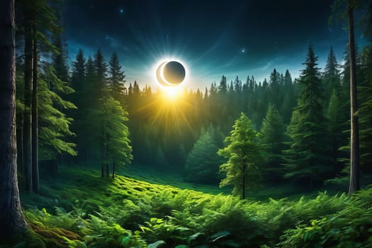 Beautiful landscape of a misty forest with a bright sunrise in the background and a crescent moon in the sky. The forest is full of lush green trees and a variety of wildlife.
