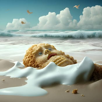 In an emotive illustration, sad chicken nuggets lay abandoned on a sandy beach, evoking a poignant and thought-provoking scene.