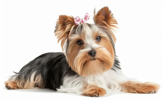 Yorkshire Terrier lying down with a pink bow on white background