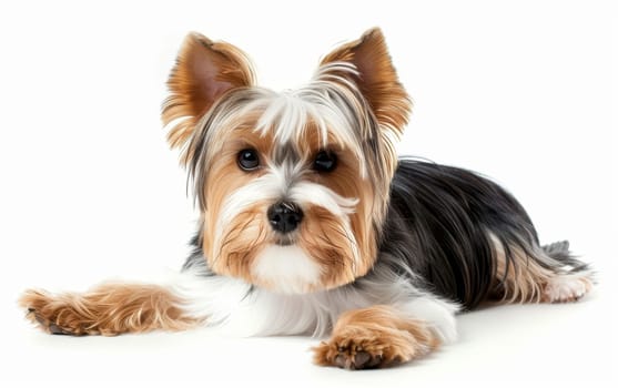 A Biewer Terrier dog lying down with a focused gaze, showcasing its tri-colored coat