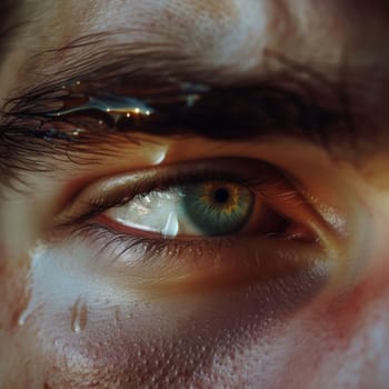 Macro shot capturing the detail of a teary eye with a brightly colored iris