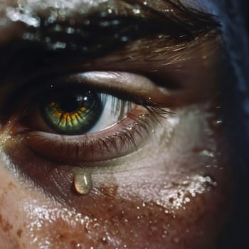 Detailed close-up of an eye brimming with tears, highlighting raw human emotion
