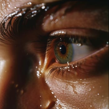Detailed close-up of an eye brimming with tears, highlighting raw human emotion