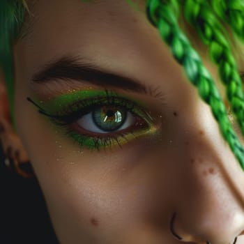 Close-up of a person's eye adorned with vivid green eyeshadow, emphasizing intricate makeup artistry