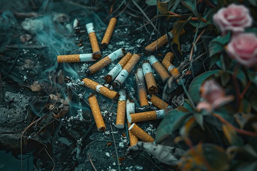 Top view of a pile of cigarette butts in foliage and flowers. Concept of the harm of smoking.