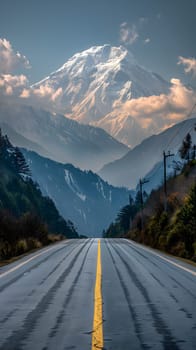 A road winds through a highland ecoregion with a majestic mountain in the background, under a clear blue sky with sunlight illuminating the asphalt road surface